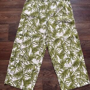 Nicole Miller Large Cream and Green Linen Wide Leg Pants